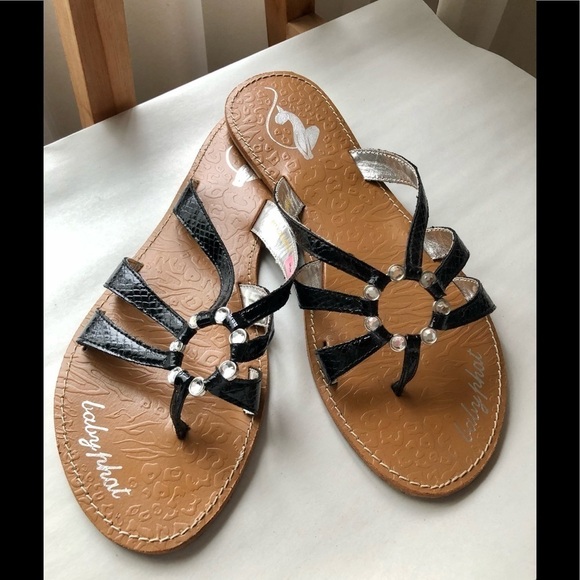 BabyPhat Lexie black patent stripy slip on sandals - Picture 1 of 7